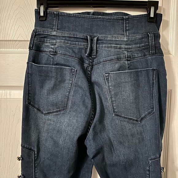 Bebe Annabelle Tuxedo Skinny Blue Jeans Gold Button Accents Size 30 High Rise - Picture 4 of 8